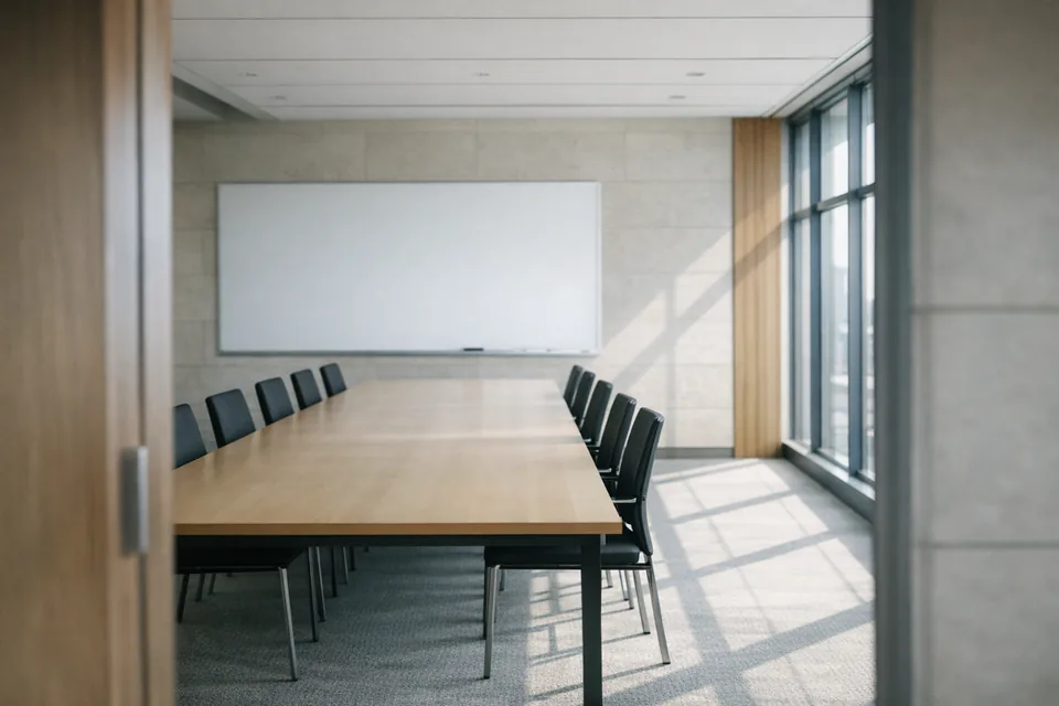 Empty meeting room with a long table and a whiteboard, daylight from full height glazing