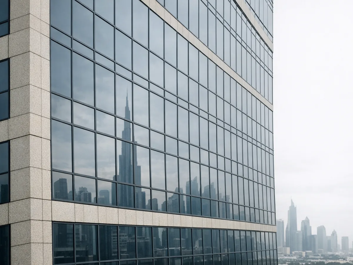 Glass facade of an office tower reflecting a United Arab Emirates business district skyline