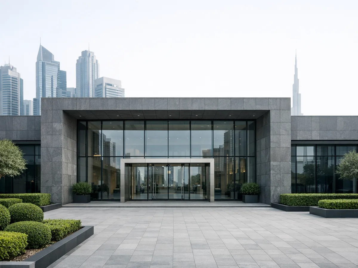 Stone clad entrance of a commercial office building in a United Arab Emirates business district