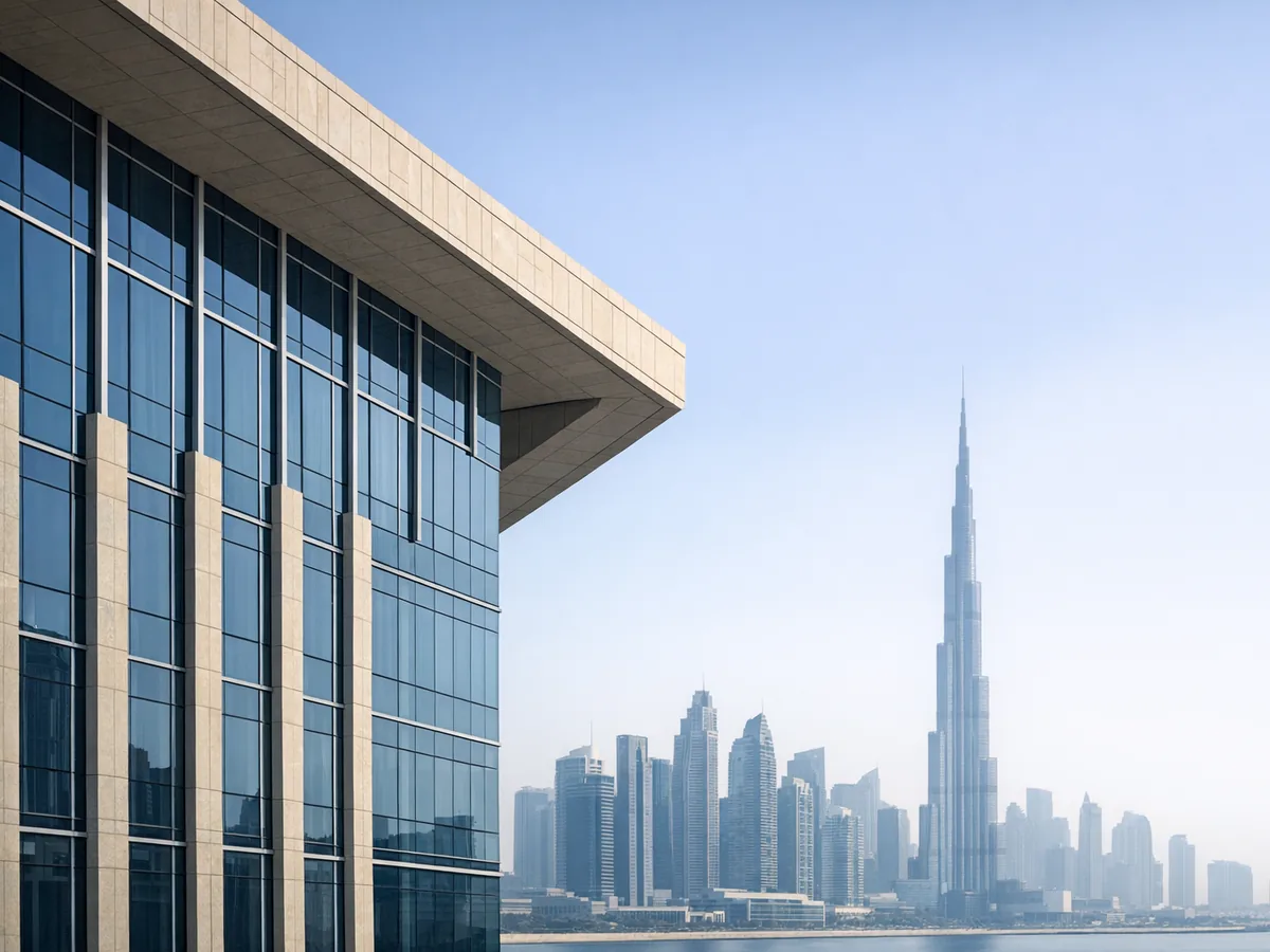 Glass and stone office building with a United Arab Emirates city skyline behind it