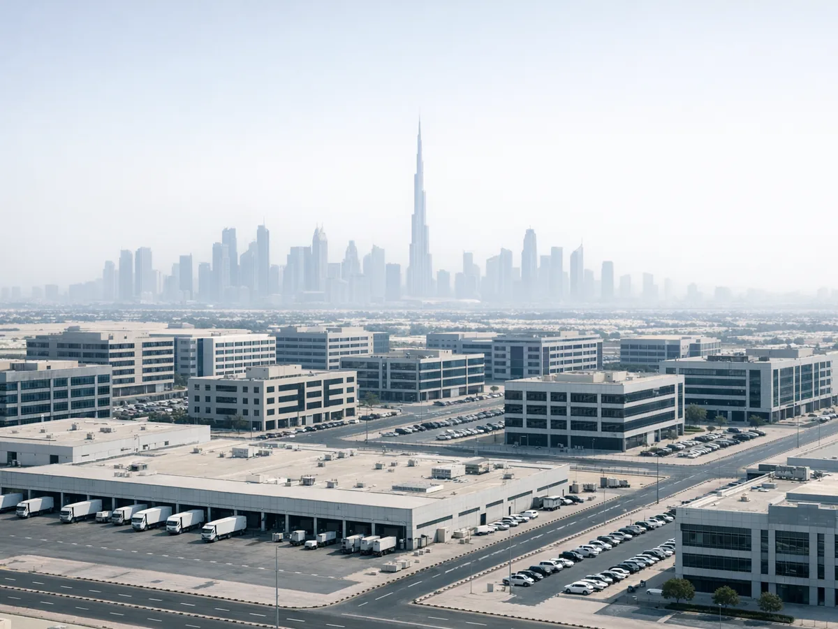 Commercial and logistics district with a United Arab Emirates city skyline on the horizon
