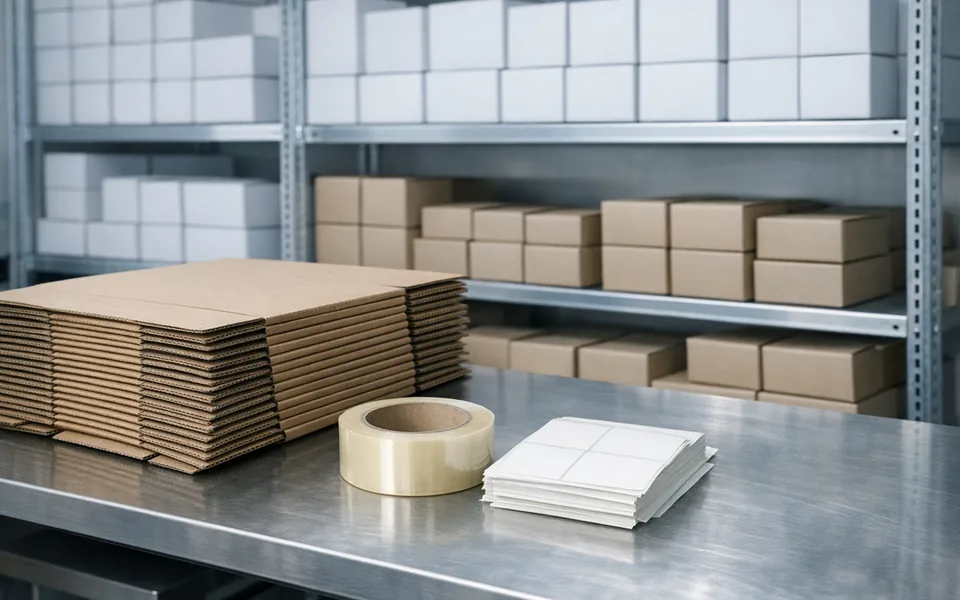 Packing station with flat cartons, tape and labels beside stocked shelving