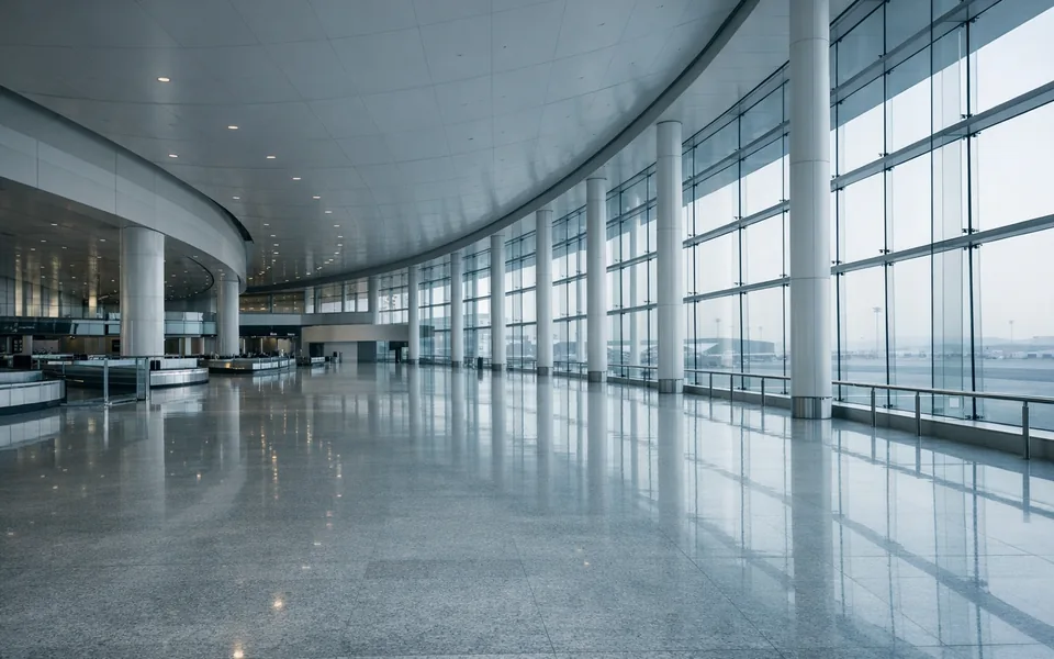 Daylit arrivals concourse in a modern airport terminal
